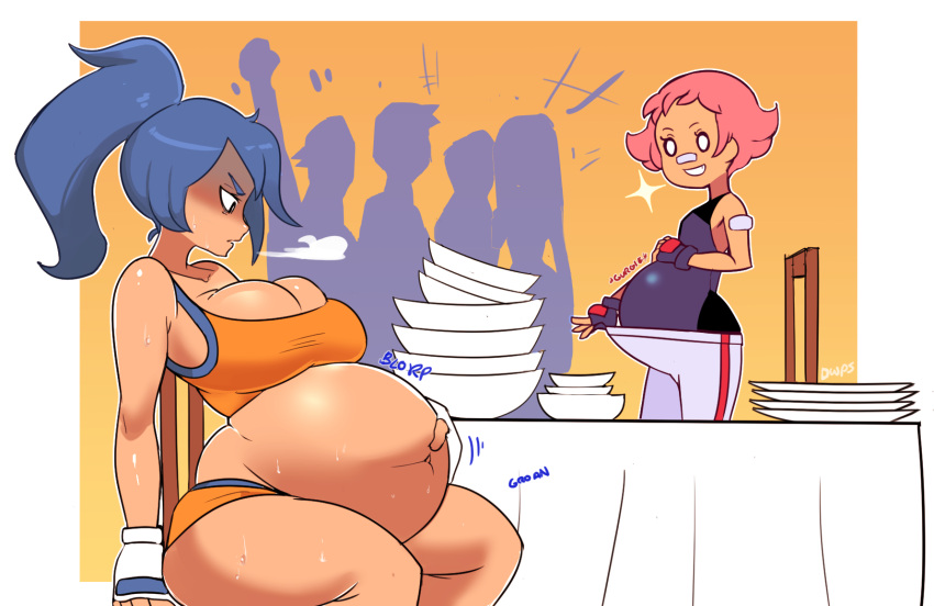 2girls battle_girl_(pokemon) belly big_belly big_breasts bloated bloated_belly blue_hair bowl breasts chair cleavage dwps eating_contest empty_bowls empty_plates fat female maylene_(pokemon) npc_trainer overeating pink_hair plate pokemon sitting stuffed_belly stuffing sweat