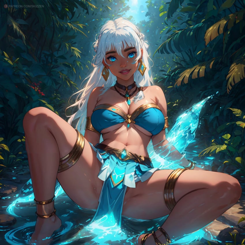 ai_generated atlantis:_the_lost_empire bangs bikini_top blue_eyes brown_skin disney earrings jungle kida light-skinned_female light_skin long_hair looking_at_viewer luminescent necklace ornament skirt skizzen spread_legs tribal tribal_clothing tribal_necklace underboob water white_hair