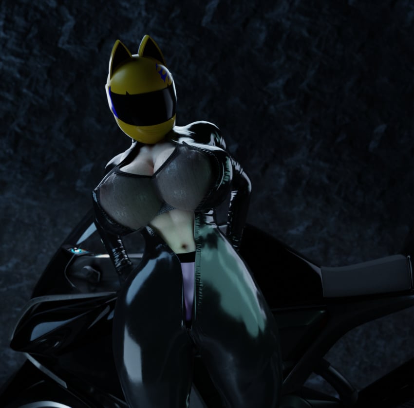 3d cat_ears celty_sturluson dustyboyo huge_breasts latex looking_at_viewer motorcycle open_clothes