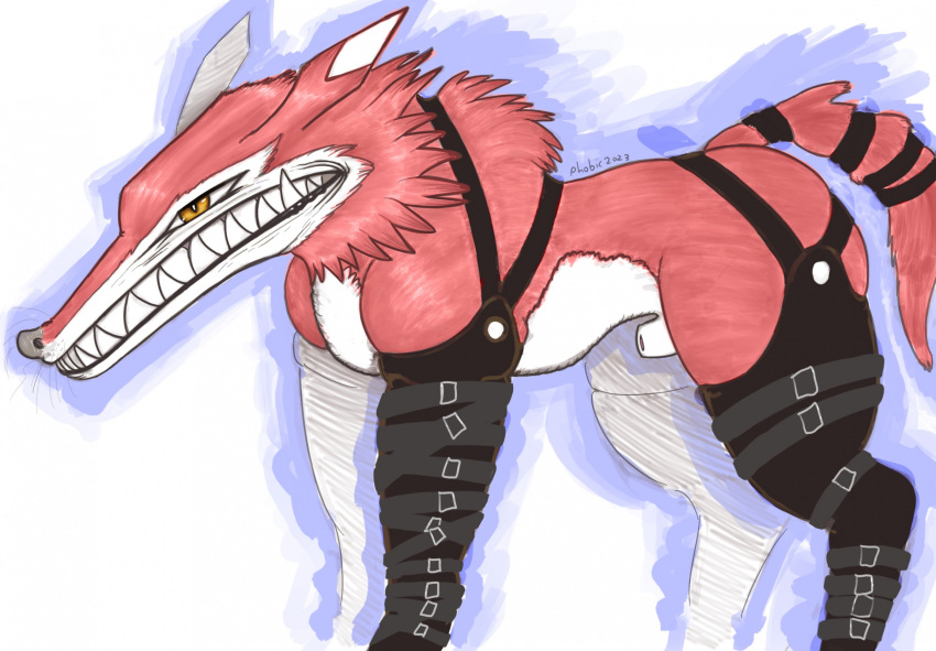 animal_genitalia anthro bandai_namco canid canine canis digimon digimon_(species) fangmon feral fully_sheathed fur genitals harness hi_res leather leather_harness leather_strap long_snout male male_only mammal phobicsnakes red_body red_fur sharp_teeth sheath snout teeth wolf