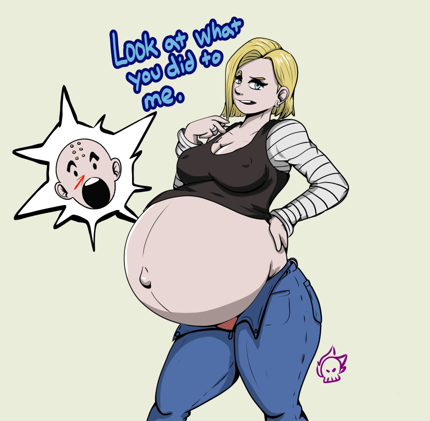 1boy 1girls android_18 belly big_belly big_breasts blonde_hair blue_eyes breasts cleavage dialogue dragon_ball dragon_ball_z earrings female female_focus hand_on_hip krillin kuririn male mistrghost nipple_bulge nosebleed pregnant ready_to_pop text