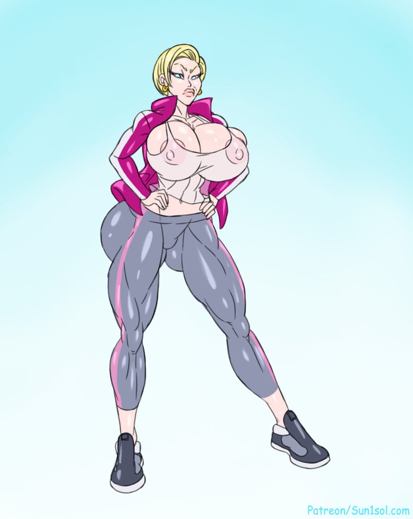 1girls android android_18 big_ass big_breasts big_butt blonde_hair blue_eyes breasts dragon_ball dragon_ball_super dragon_ball_super_super_hero earrings erect_nipples female female_only fit_female full_body milf nipple_bulge nipples solo solo_female sportswear sun1sol tagme transparent_clothing voluptuous voluptuous_female