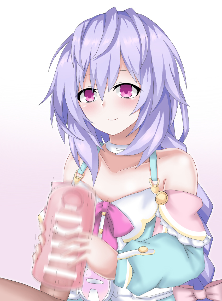 1boy 1girls bar_censor bare_shoulders blush censored clothed_female_nude_male flat_chest fleshlight handjob handjob_w/sex_toy light-skinned_female light-skinned_male light_skin looking_at_partner matrixjudge motion_blur neptunia_(series) penis pink_eyes plutia purple_hair sex_toy single_braid smile