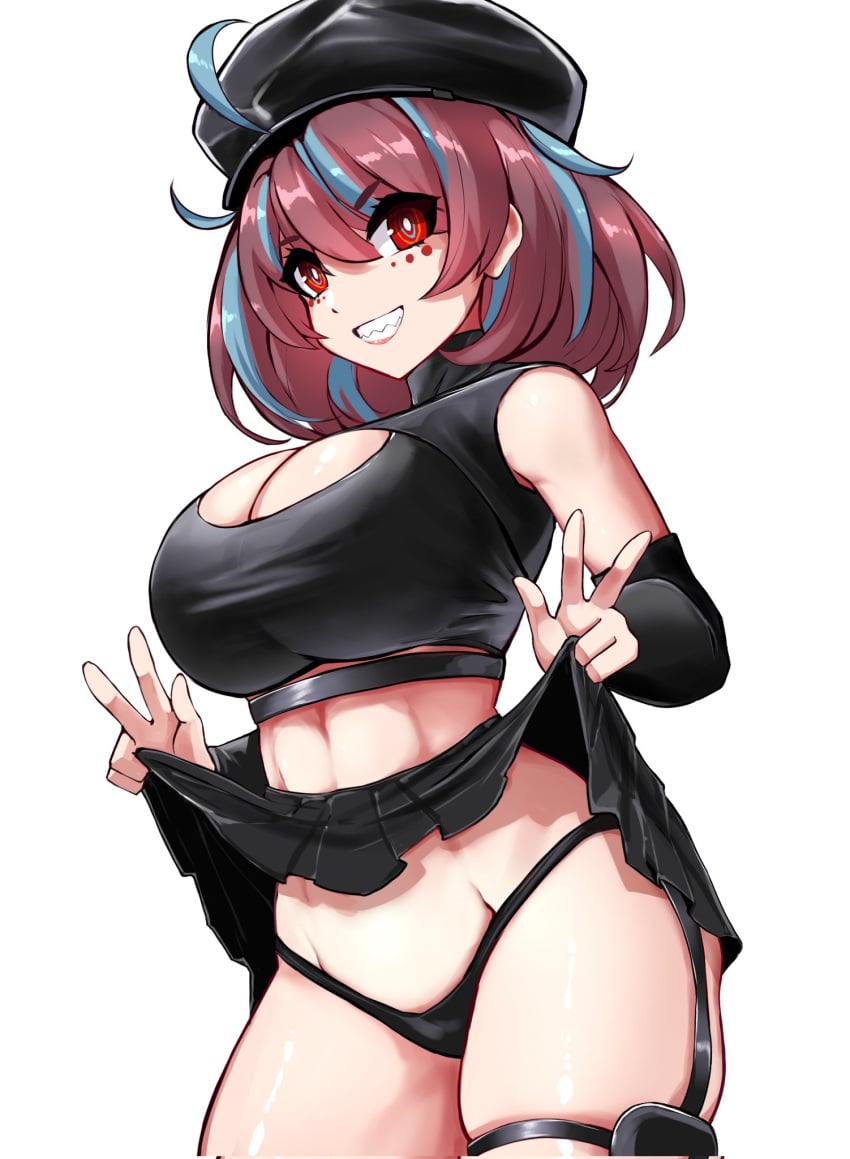 1girls big_breasts black_armwear black_hat black_panties boob_window emikukis lifting_skirt multicolored_hair owozu peace_sign red_eyes slash-ex smile smiling smiling_at_viewer thighs virtual_youtuber vtuber