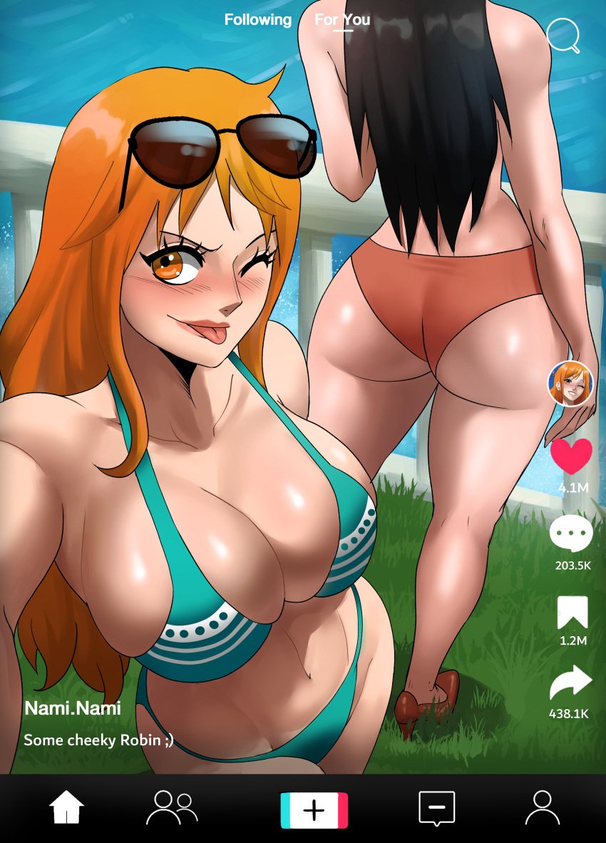 2girls absurdres ass big_butt black_hair dat_ass dumptruck_ass echosaber fat_ass fat_breasts female female_only flat_belly large_breasts light-skinned_female long_hair nami nico_robin one_piece orange_hair post-timeskip social_media thick_thighs tiktok