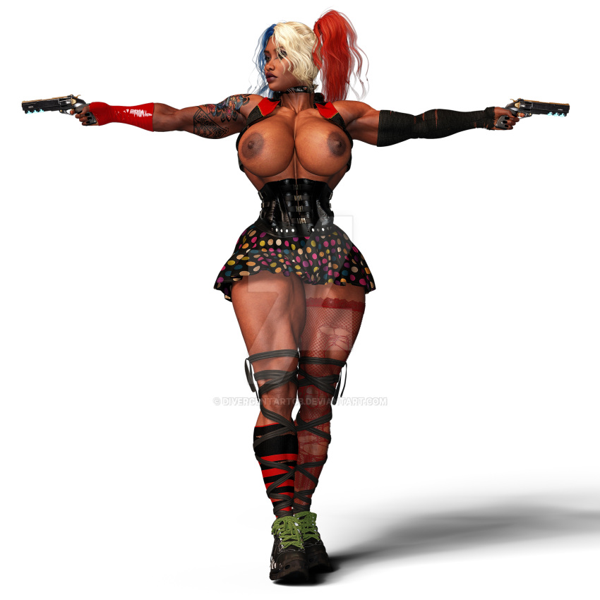 1girls 3d 3d_(artwork) batman_(series) big_breasts breasts cosplay curvaceous curvy curvy_figure dark-skinned_female dark_skin dc dc_comics divergentartgb eyebrows eyelashes eyes female female_only fishnets gun guns hair harley_quinn_(cosplay) hips hourglass_figure huge_breasts large_breasts legs lips muscular muscular_female nipples nubian original rio_(divergentartgb) shoes slim_waist solo tattoo thick_thighs white_background wide_hips