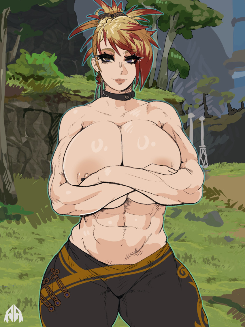 1girls abs alamanderarts blonde_hair breasts commission female hips huge_breasts light-skinned_female light_skin muscular muscular_female original original_character outside thick_thighs thighs topless wide_hips