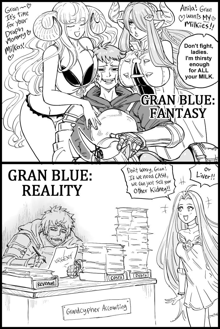 1boy 4girls absurd_res anila_(granblue_fantasy) bb_(baalbuddy) big_breasts breasts_on_face cheek_poke dialogue draph draph_race_(granblue_fantasy) english_text expectation_vs_reality female funny gran_(granblue_fantasy) granblue_fantasy horns kumbhira_(granblue_fantasy) lyria_(granblue_fantasy) male monochrome narmaya_(granblue_fantasy) pointy_ears smile smirk smug speech_bubble tagme white_background