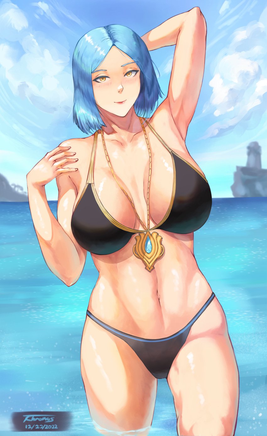 1girls alternate_costume arete_(fire_emblem) arm_behind_head arm_up armpit bare_arms bikini black_bikini black_swimsuit blue_hair breasts cleavage female female_only fire_emblem fire_emblem_fates large_breasts looking_at_viewer mature mature_female midriff milf necklace nintendo pendant smile solo solo_female swimsuit tempurachronos water yellow_eyes