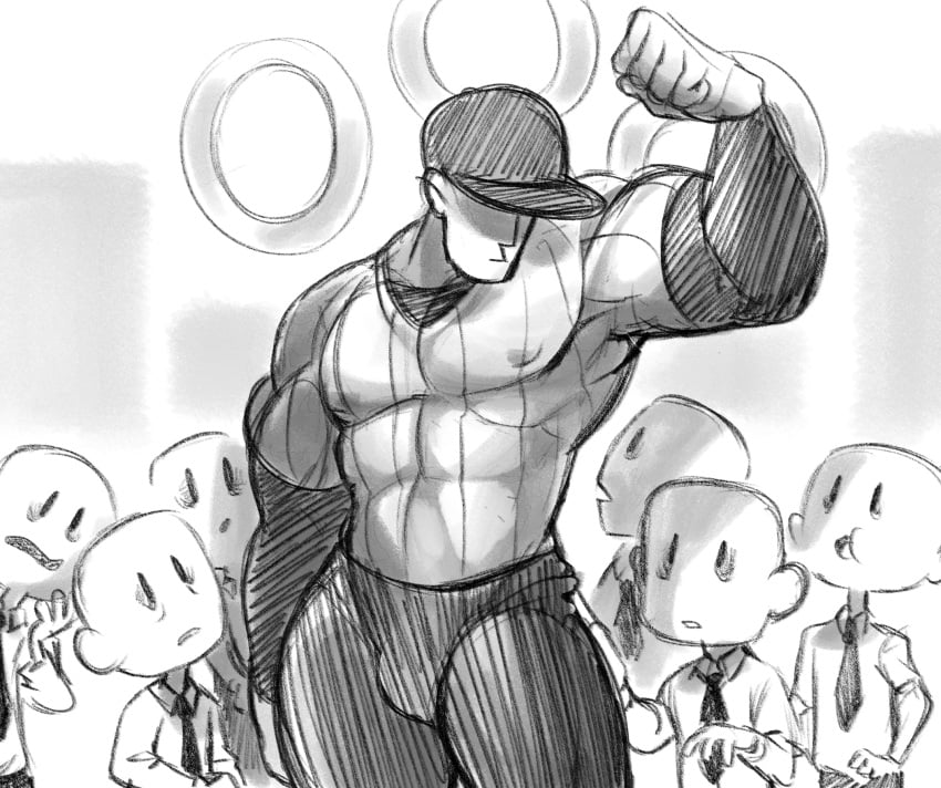 6+boys 7boys bald bald_man baseball_cap baseball_uniform black_and_white black_eyes black_pants black_tie bulge elsen_(off) flexing flexing_bicep gay imminent_sex male_only mawile123 muscles muscles_through_clothes muscular nervous pecs the_batter white_background white_shirt white_skin