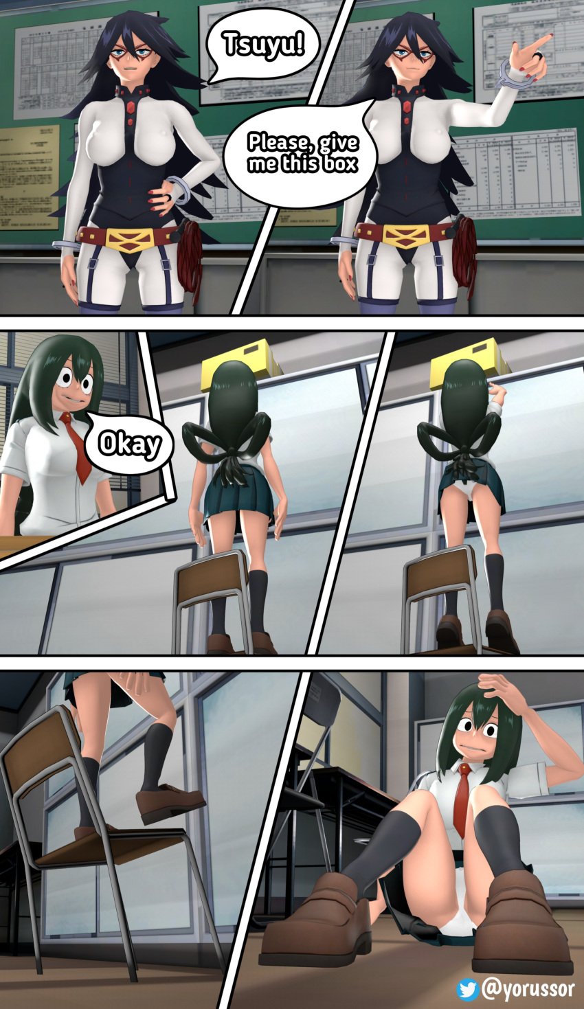 box curvy_body curvy_female falling female_focus female_only green_eyes green_hair midnight_(my_hero_academia) my_hero_academia nemuri_kayama panties school school_uniform schoolgirl spread_legs spy tsuyu_asui white_panties yorussor