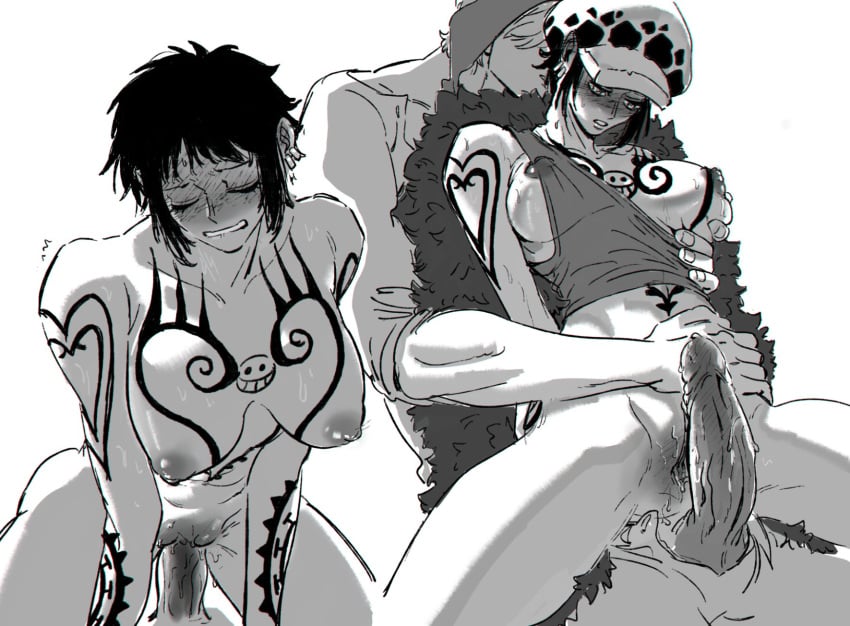 1boy 1girls arm_around_waist big_breasts big_penis biting_lip blush bottomless breast_grab canon_genderswap chest_tattoo clenched_teeth closed_eyes cowgirl_position donquixote_rosinante erection female female_focus female_on_top genderswap_(mtf) guillartee hat imminent_sex looking_at_penis male monochrome nipple_slip no_bra one_breast_out one_piece penis post-timeskip pussy rule_63 shiku_shiku_no_mi short_hair spread_legs tank_top tattoo tattoos trafalgar_law trafalgar_law_(female) uncensored vaginal_penetration