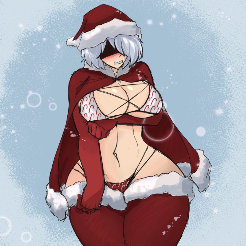 2d android belly_button blindfold blush bra breasts christmas cleavage crowsdome curvy curvy_female curvy_figure detailed_background elbow_gloves female female_focus female_only large_breasts nier:_automata nier_(series) robot robot_girl robot_humanoid santa_costume santa_hat thick_thighs white_hair wide_hips yorha_2b