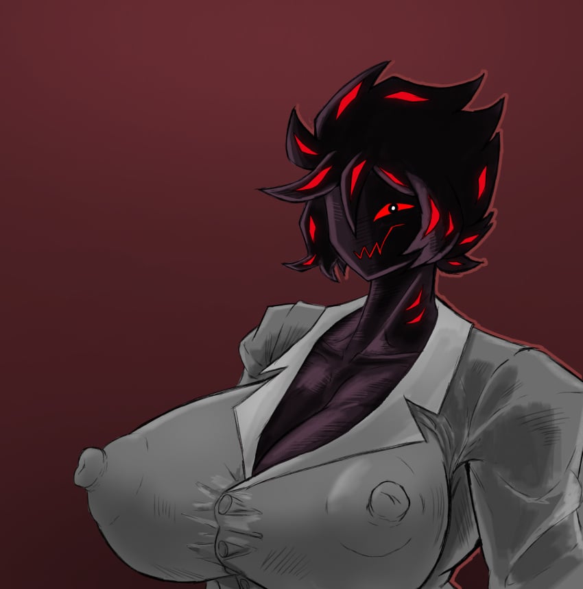 1girls akim0n areolae big_breasts dark_skin female female_only nipples office_lady red_eyes short_hair simple_background suit tagme