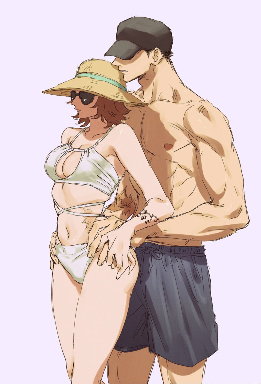 1boy 1girls baseball_cap brown_hair canon_genderswap cleavage cleavage_cutout covered_eyes female genderswap_(mtf) hand_on_hip hands_on_hips hat hip_grab male medium_breasts momimimiya muscular_male one_piece penguin_(one_piece) rule_63 scar scars shachi_(one_piece) shiku_shiku_no_mi short_hair straw_hat sun_hat sunglasses swimsuit swimwear tattoo tattoo_on_arm tinted_eyewear topless_male white_swimsuit