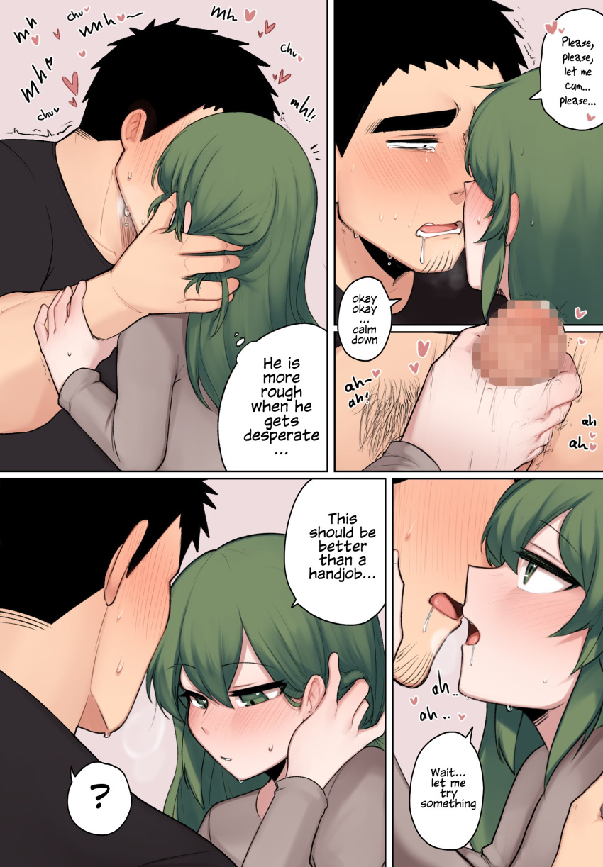 1boy absurdres biting biting_lip black_hair black_shirt blush bottomless censored english_text facial_hair female flat_chest goatee green_eyes green_hair handjob heavy_breathing highres igarashi_futaba_(shiromanta) imminent_orgasm kissing medium_hair paid_reward_available panqlao penis senpai_ga_uzai_kouhai_no_hanashi shirt short_hair size_difference straight stubble sweater takeda_harumi_(shiromanta) tearing_up thick_eyebrows