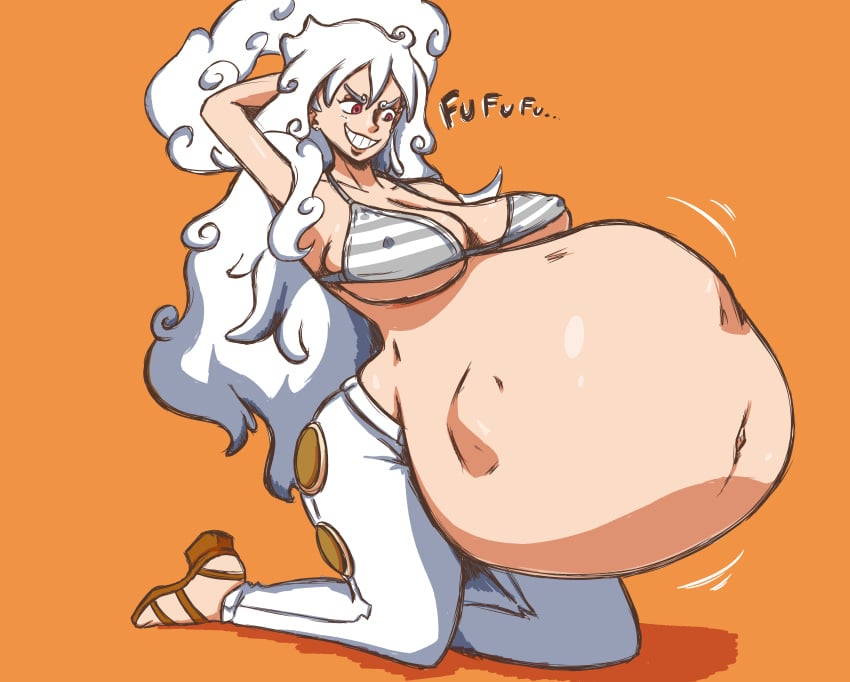 after_vore albino alternate_color alternate_hairstyle arbrianarchy big_belly big_breasts bra cleavage cloud english_text female female_only gear_fifth gender_bender gomu_gomu_no_mi_(gear_5) hand_behind_head implied_vore laugh long_hair monkey_d_luffy nami nami_(one_piece) one_piece pants post-timeskip post_vore red_eyes sandals simple_background smirk stomach_bulge tagme thick_thighs vore vore_belly white_hair wide_hips