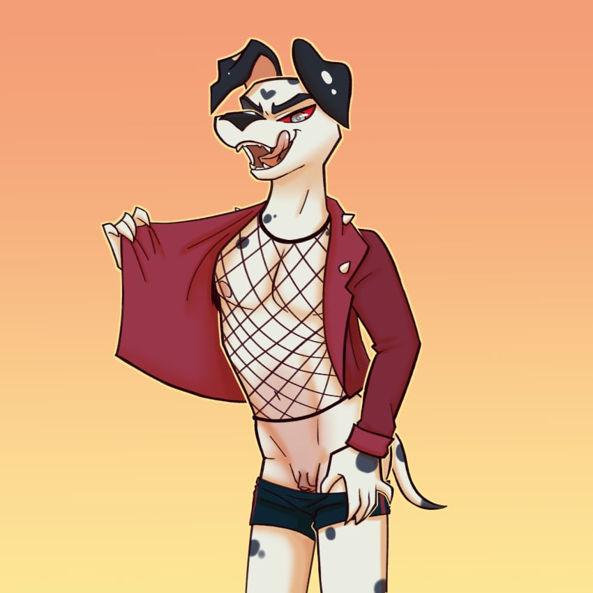 andromorph anthro background_character canid canid_demon canine canis clothed clothing cuntboy dalmatian demon domestic_dog fishnet fishnet_clothing fishnet_topwear hellhound helluva_boss hi_res intersex licking licking_lips mammal opening_jacket partially_clothed red_clothing solo tongue tongue_out topwear underwear underwear_down yuzu_zuzu