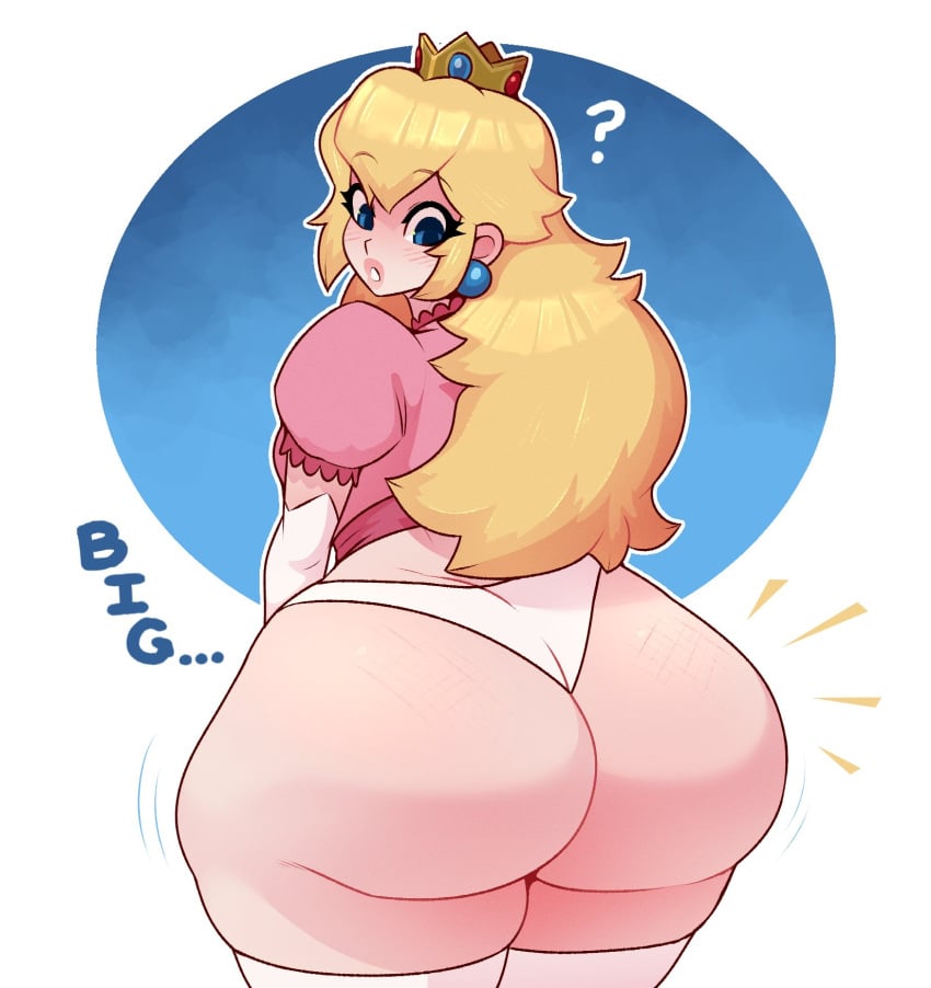 1girls ? ass big_ass blonde_hair blue_eyes bottom_heavy clothing dabble elbow_gloves fat_ass female fully_clothed gloves huge_ass juicy_butt long_hair looking_at_ass looking_back looking_down mario_(series) nintendo panties princess_peach simple_background solo_female standing text thick_thighs thighhighs thighs underwear white_panties wide_hips wobbling_ass