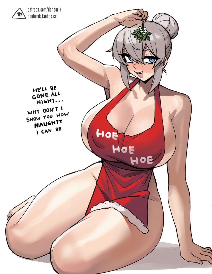 1girls apron apron_only blue_eyes breasts christmas dialogue donburikazoku english_text female grey_hair hair_bun hi_res hips huge_breasts light-skinned_female light_skin mistletoe mrs._claus naked_apron simple_background thick_thighs thighs wide_hips