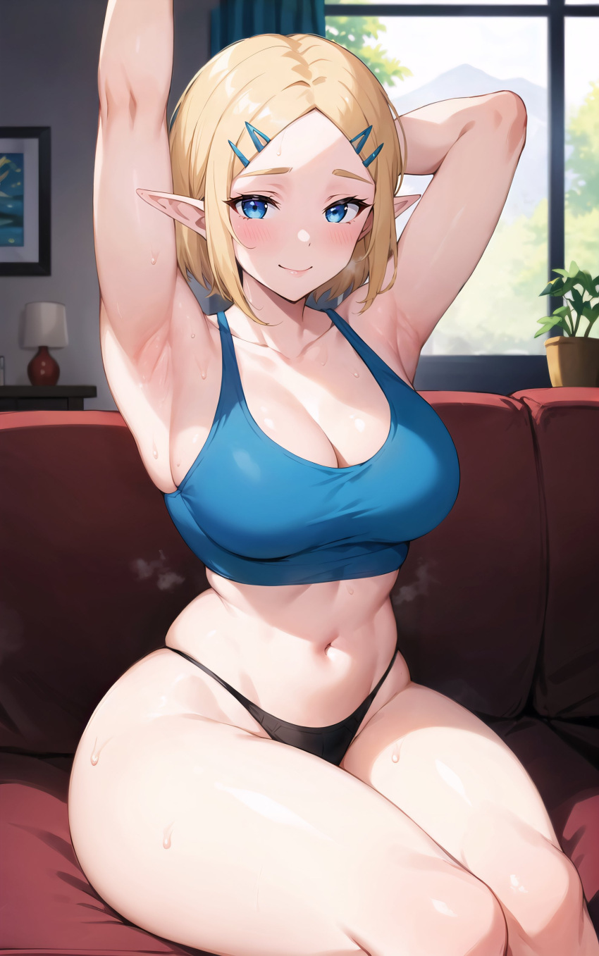 1girls ai_generated blonde_hair blue_eyes breasts cleavage female huge_breasts indoors light-skinned_female light_skin looking_at_viewer nintendo panties pointy_ears princess_zelda short_hair slim_waist smile stable_diffusion stuffyai tank_top tears_of_the_kingdom the_legend_of_zelda thick_thighs zelda_(tears_of_the_kingdom)