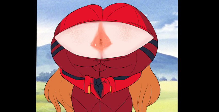 1girls anus ass asshole asuka_langley_sohryu bent_over big_ass big_butt bodysuit melissaalli neon_genesis_evangelion orange_hair outside praise_da_booty_(meme) rear_view red_bodysuit solo_female torn_bodysuit torn_clothing