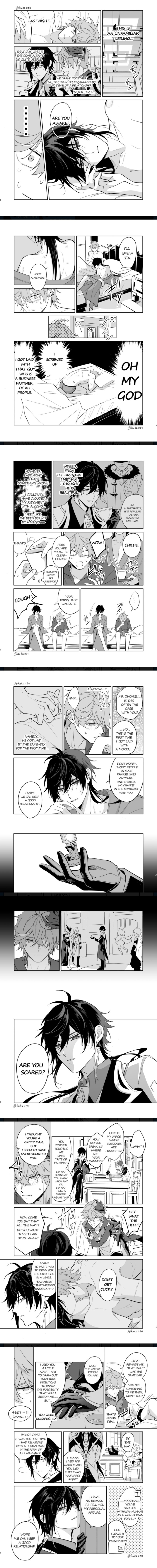 2boys bathrobe english_text genshin_impact greyscale implied_yaoi incredibly_absurdres kukuuta(artist) male/male monochrome multiple_boys one_night_stand speech_bubble tall_image tartaglia_(genshin_impact) vertical_comic zhongli_(genshin_impact)