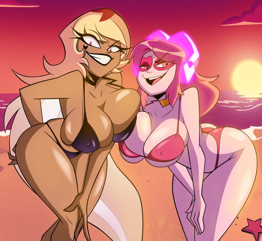 2020s 2023 2d 2girls beach big_ass big_breasts big_butt big_tits bikini breasts cartoon_network commission crossover female female_only grimphantom helluva_boss human_verosika_mayday miss_heed_(villainous) multiple_girls seductive seductive_eyes seductive_look seductive_pose seductive_smile tits verosika_mayday_(helluva_boss) villainous voluptuous