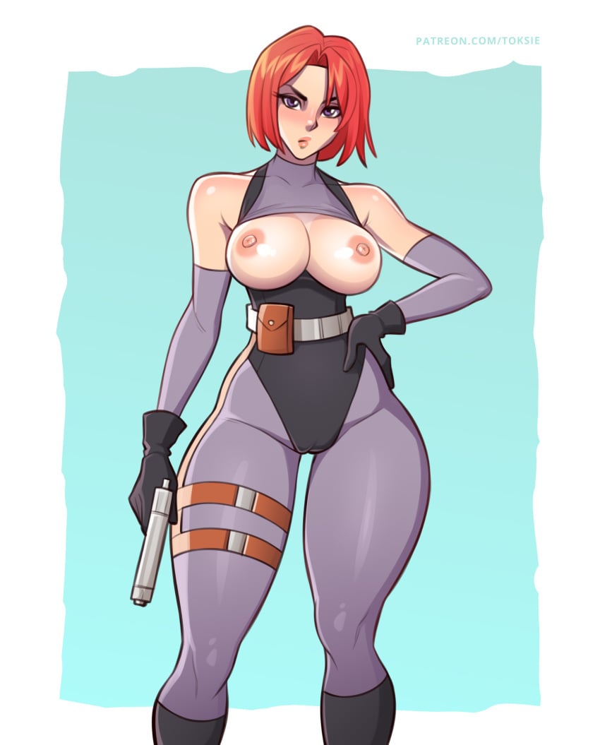 1girls areolae bare_shoulders big_breasts breasts breasts_out dino_crisis female female_only gun red_hair regina_(dino_crisis) toksie