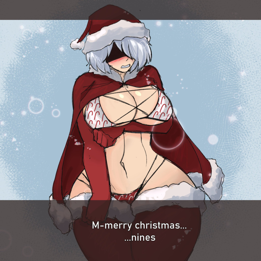 2d android belly_button blindfold blush bra breasts christmas cleavage crowsdome curvy curvy_female curvy_figure detailed_background elbow_gloves female female_focus female_only large_breasts nier:_automata nier_(series) robot robot_girl robot_humanoid santa_costume santa_hat text text_box thick_thighs white_hair wide_hips yorha_2b