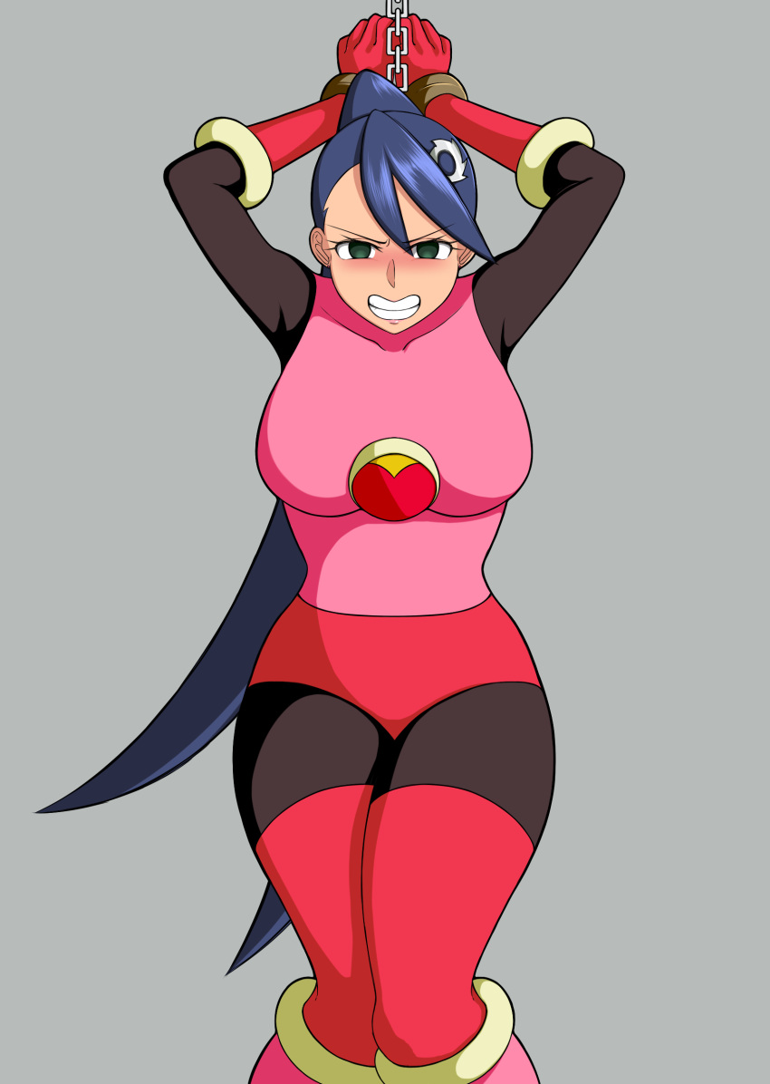 armpits blush bodysuit breasts mega_man mega_man_battle_network purple_hair restrained roll.exe_(cosplay) tagme tamako_shiraizumi thighhighs tied_hands wide_hips