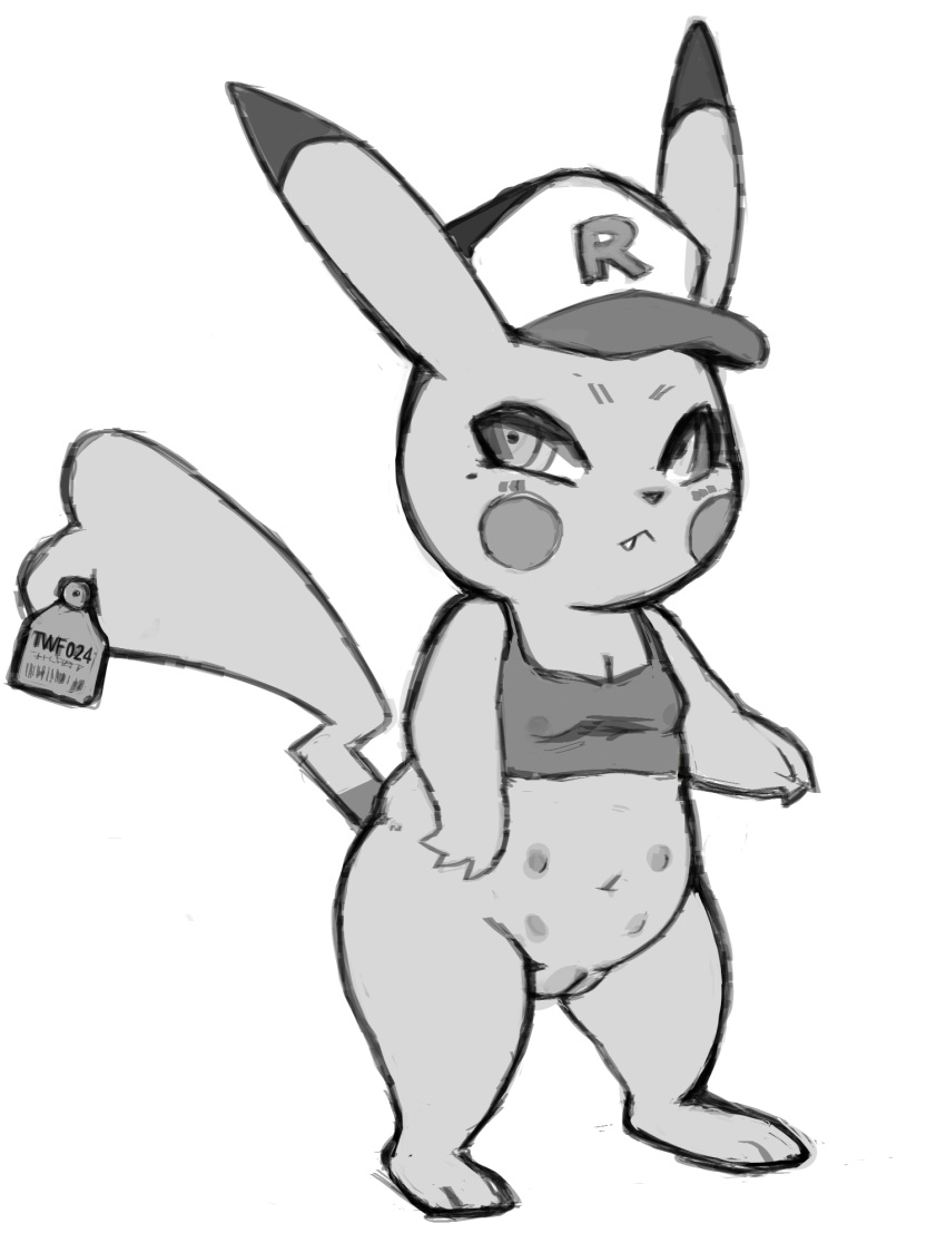 anthro clothing ear_tag female generation_1_pokemon hat headgear headwear hi_res markings mole_(marking) monochrome multi_nipple nintendo nipples piercing pikachu pokemon pokemon_(species) semi-anthro simple_background slightly_chubby solo topwear twentyfur