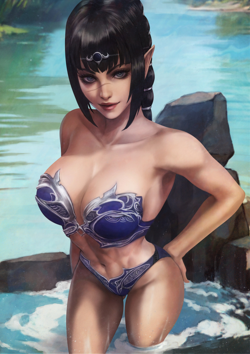 1girls abs armor baldur's_gate baldur's_gate_3 big_breasts black_hair bottomwear breastplate breasts cleavage curvy dungeons_and_dragons elf elf_ears elf_female forgotten_realms green_eyes half-elf large_breasts looking_at_viewer monorirogue outdoors panties ponytail scar shadowheart skimpy smile solo solo_female thick_thighs thighs underwear wading water