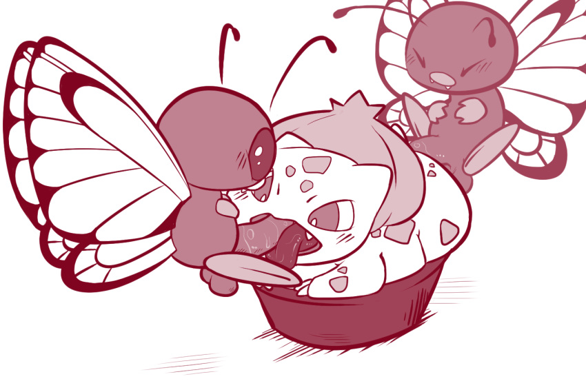 bulbasaur butterfree double_penetration fellatio feral feral_on_feral flora_fauna monochrome penis pokémon_(species) pokemon potted_plant saliva tagme threesome trashpanda wings