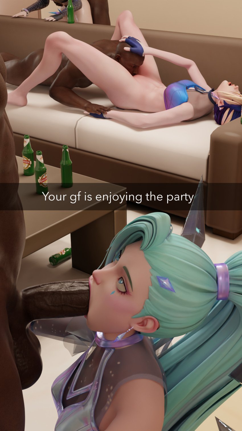3boys 3d 3girls ai_generated aisloppytoppy akali akali_jhomen_tethi bbc beer beer_bottle big_black_cock big_penis blowjob caption cheating cheating_girlfriend consensual_cuckold cuckold cunnilingus drunk english_text k/da_series kai'sa league_of_legends naked naked_male netorare netorase orgy partially_clothed partially_clothed_female penis seraphine_(league_of_legends) sex snapchat teasing teasing_cuck_with_phone