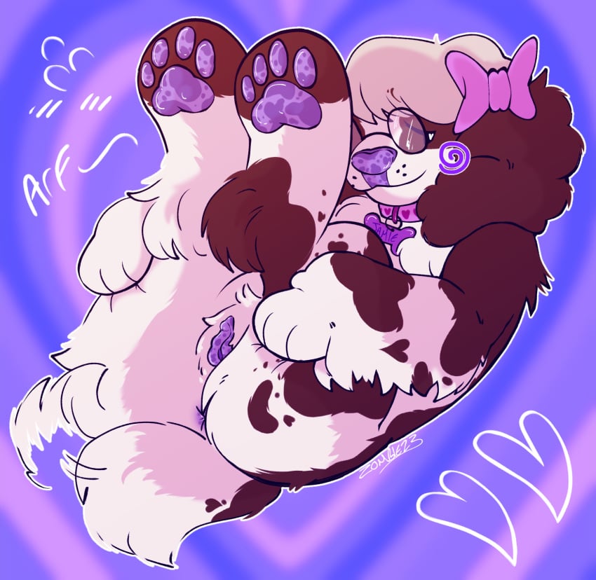 accessory anus blush bow_ribbon canid canine canis chowmalgamation collar domestic_dog eyewear feral fluffy fluffy_body fluffy_tail fur genitals glasses hair_accessory hair_ribbon hairbow heart_background heart_eyes heart_symbol hi_res long_fur mammal pawpads paws pink_bow presenting presenting_pussy purple purple_anus purple_nose purple_pawpads purple_pussy pussy ribbons short_tail simple_background solo tail tail_motion tailwag