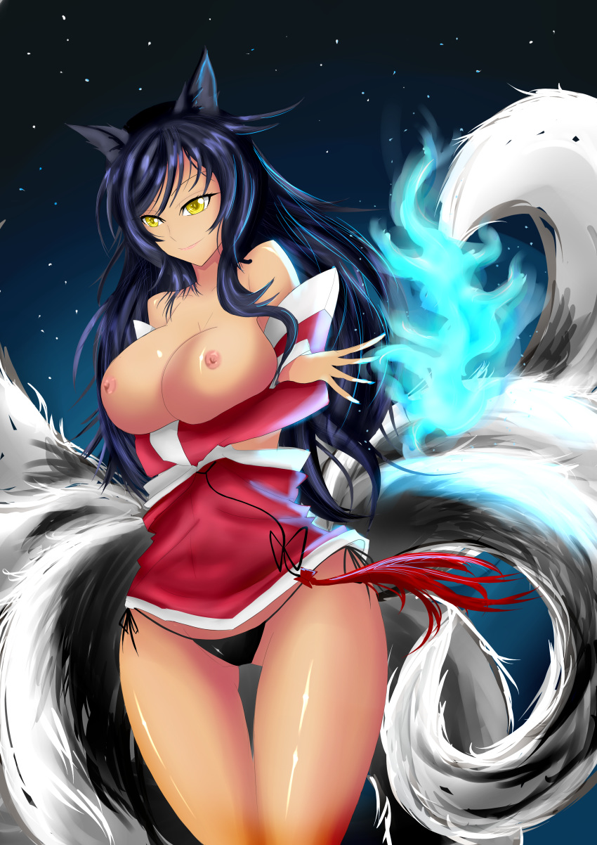 ahri animal_ears bare_shoulders black_hair blue_fire breasts breasts_out crossed_arms facial_mark female fire fox_ears fox_tail high_resolution league_of_legends long_hair multi_tail multiple_tails nipples panties side-tie_panties smile solo tail underwear varuna00 yellow_eyes