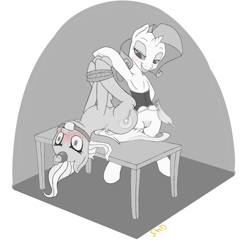 ball_gag blush bondage bound corset cutie_mark equine feathers female feral friendship_is_magic gag hi_res high_resolution horn horn_ring monochrome my_little_pony pussy pussy_juice rarity_(mlp) shdingo table trixie_(mlp) unicorn yuri