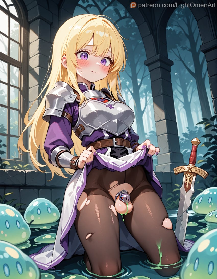 ai_assisted ai_generated androgynous armor blonde_hair blonde_hair chastity_cage clothing clothing_lift defeated femboy imminent_sex inviting lightomen original_character otoko_no_ko pantyhose patreon skirt slime small_penis submissive surrounded trap