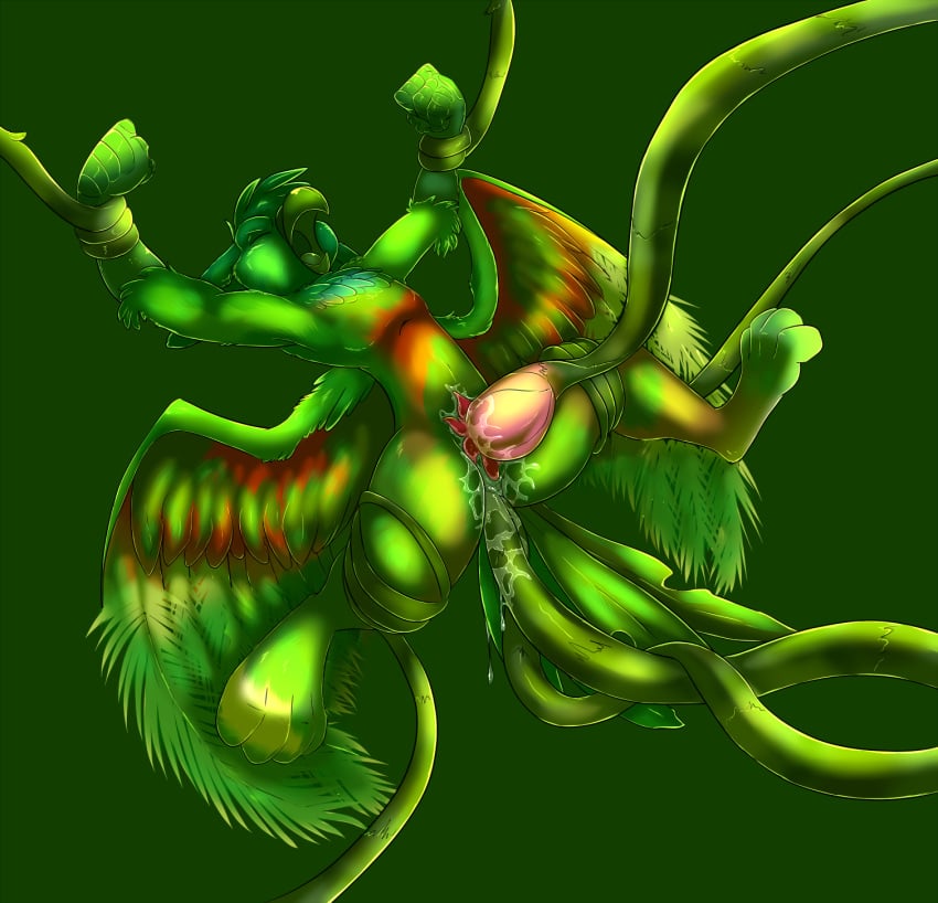 anal anal_sex anthro avian bloo_(artist) closed_eyes dripping flower forced furry gryphon leaf male no_humans nude open_mouth penetration plant rape spread_legs spreading tentacle_fellatio transformation wings