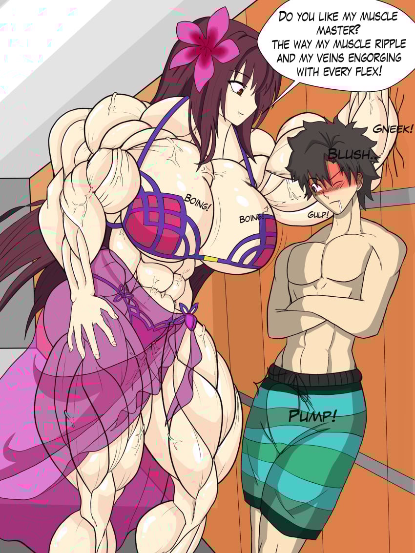 abs artist_request assertive_female biceps big_breasts bikini black_hair bouncing_breasts breasts brown_hair buff buff_female bulge curvaceous curvy curvy_female curvy_figure dominant_female erection fate_(series) female femdom flexing_pecs flirting flirting_look fujimaru_ritsuka_(male) gudao hair kabedon large_breasts larger_female long_hair male muscles muscular muscular_arms muscular_female muscular_legs muscular_thighs pec_bounce pecs pinned_to_wall scathach_(fate) scathach_(swimsuit_assassin) seductive seductive_body seductive_look straight strong_female swimsuit swimwear thick_thighs veins veiny_muscles voluptuous voluptuous_female
