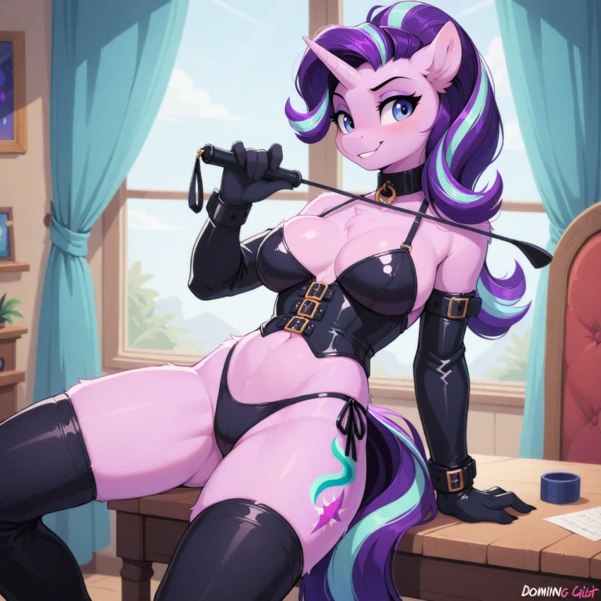 1girls ai_generated anthro belt_buckle blue_eyes blue_hair corset corset_bra dominatrix dominatrix_outfit eyelashes female female_only friendship_is_magic latex latex_clothing latex_gloves leather leather_clothing leather_straps my_little_pony purple_hair solo solo_female starlight_glimmer thighhighs thighs thong two_tone_hair unicorn unicorn_horn whip