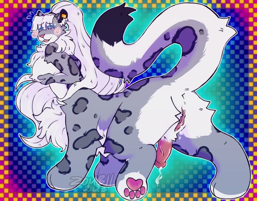 anthro blush bodily_fluids breasts chowmalgamation cum domestic_cat felid feline felis fluffy furry futanari genital_fluids genitals gynomorph hair herm holding_breast intersex leaking_cum leopard long_hair mammal pantherine pawpads paws penis precum presenting pussy showing_off_butt shy snow_leopard solo taur
