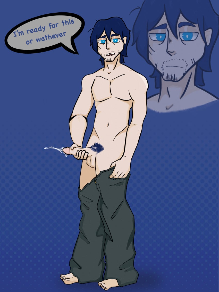 1boy abs athletic athletic_male blue_eyes blue_hair clothing cum cumming huge_balls human human_only humanoid male male_focus male_only manly military pants partially_clothed penis pubic_hair simple_background text text_bubble zataekink