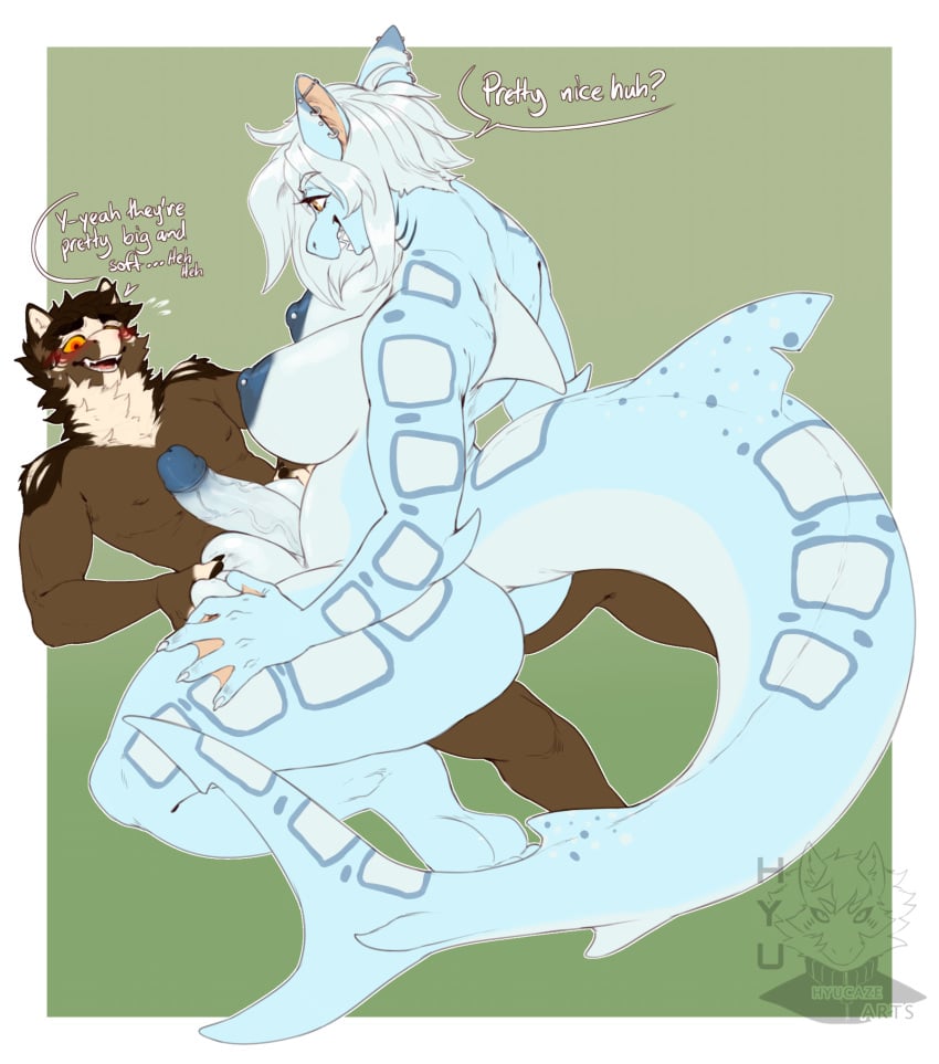 admiring anthro areola aria_(ariadeepwaters) ass balls big_balls big_breasts big_butt big_penis big_tail blue_areola blue_body blue_hair blue_nipples blush breasts brown_body canid canine canis crocodilian digital_media_(artwork) dorsal_fin duo ear_piercing elbow_fin erection facing_each_other fin fish flustered fur futanari genitals gills ground_shark gynomorph gynomorph/male hair hi_res huge_breasts huge_cock humanoid_genitalia humanoid_penis hyu_(hyucaze) hyucaze intersex intersex/male leopard_shark looking_down male male_penetrating mammal marine nipple_piercing nipples nude open_mouth penetration penis piercing reptile scalie sex shark shark_tail simple_background sitting_on_another size_difference smile spots tail tail_fin teeth text thick_thighs triakid wolf yellow_sclera