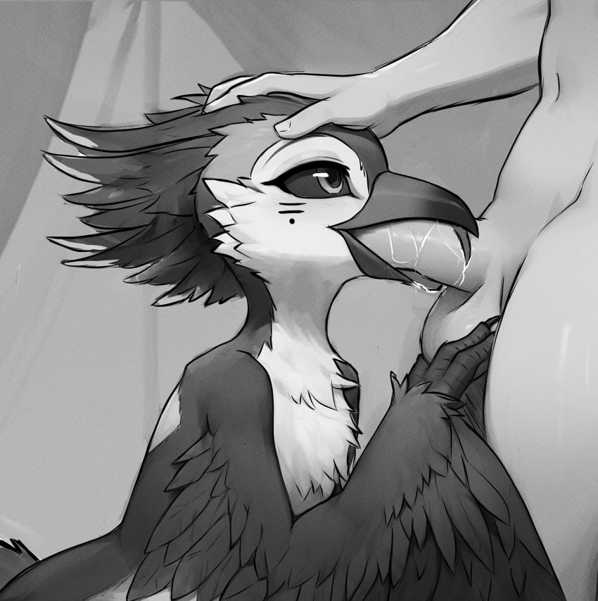 absurd_res ambiguous_gender anthro avian black_sclera bodily_fluids feathers feet fellatio female hi_res male male/female monochrome mythrava oral out_of_frame penile saliva sex solo talons toes tongue