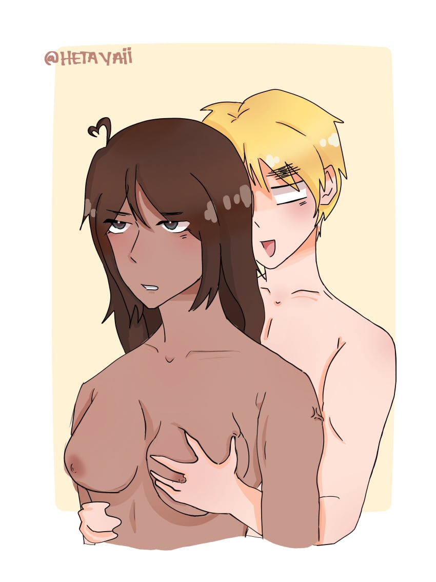 #hetayaii_(artist) blonde brunette drunk enghara england england_(hetalia) fanmade grabbing grabbing_breast green_eyes groping hetalia hetalia_axis_powers hetayaii selfsona uk uk_(hetalia) unitedkingdom zaza_(hetalia)
