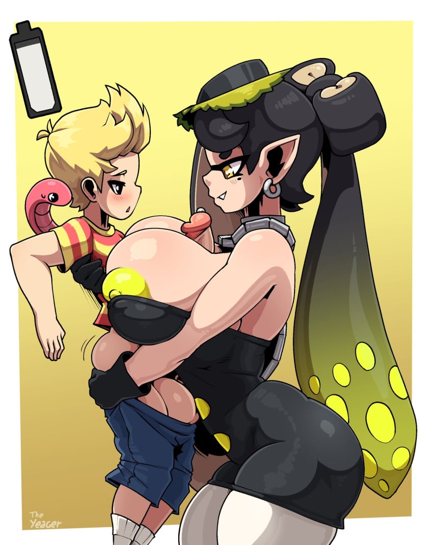 1boy1girl areola areola_slip areolae areolae_slip balls big_areola big_balls big_breasts boobjob breasts callie_(splatoon) curvy curvy_figure female female/male hand_on_back hand_on_butt huge_breasts large_breasts licking licking_penis looking_at_penis male male/female precum smile smiling snake splatoon tagme the_yeager theyeager
