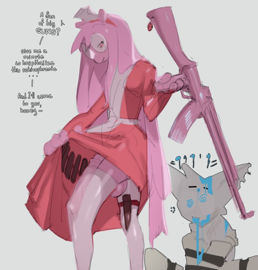 2025 4_fingers absurd_res ambiguous_species anthro balls black_eyebrows blood blue_blood blue_eyes bodily_fluids canid canine closed_smile clothed clothed_anthro clothed_male clothing clothing_lift colored_blood crossdressing dialogue dress dress_lift duo english_text eyebrows eyewear femboy fingers fur genitals glasses grey_text hair hi_res holding_assault_rifle knife kogito legwear long_hair looking_aside male male_anthro mammal monster_energy mouth_closed multicolored_clothing multicolored_dress no_underwear nosebleed pink_balls pink_body pink_ears pink_eyes pink_fur pink_hair pink_nose pointy_ears prick_ears red_clothing red_dress restraints round_glasses simple_background smile snout solo_focus spiral_eyes standing straitjacket talking_to_another text thigh_highs two_tone_clothing two_tone_dress unusual_blood unusual_bodily_fluids white_background white_body white_clothing white_dress white_ears white_fur white_legwear white_thigh_highs