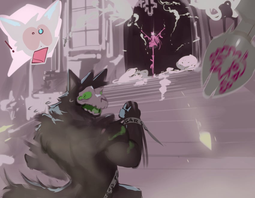 absurd_res action_scene anthro assault_rifle biceps black_body black_ears black_fur black_tail blue_eyes bodily_fluids bone buttplug canid canine clothing cutaway deltoids dress dual_wielding dust female fur green_eyes green_tongue group gun head_turned hi_res holding_assault_rifle holding_object holding_weapon kogito looking_back male male_(lore) mammal monster_energy muscular muscular_anthro muscular_male open_mouth pink_tongue plug_(sex_toy) pointy_ears prick_ears ranged_weapon rifle running scared sex_toy skull skull_head skulldog_(species) stairs standing tail tears tongue trio weapon white_body white_fur wide_eyed
